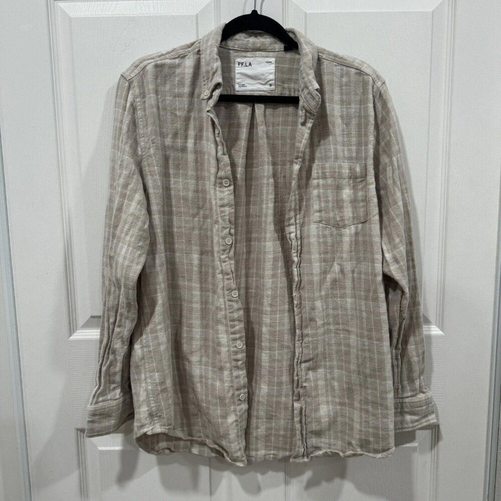 FIVE FOUR LOS ANGELES Shirt Mens Medium M Biege Plaid Flannel Button Long Sleeve